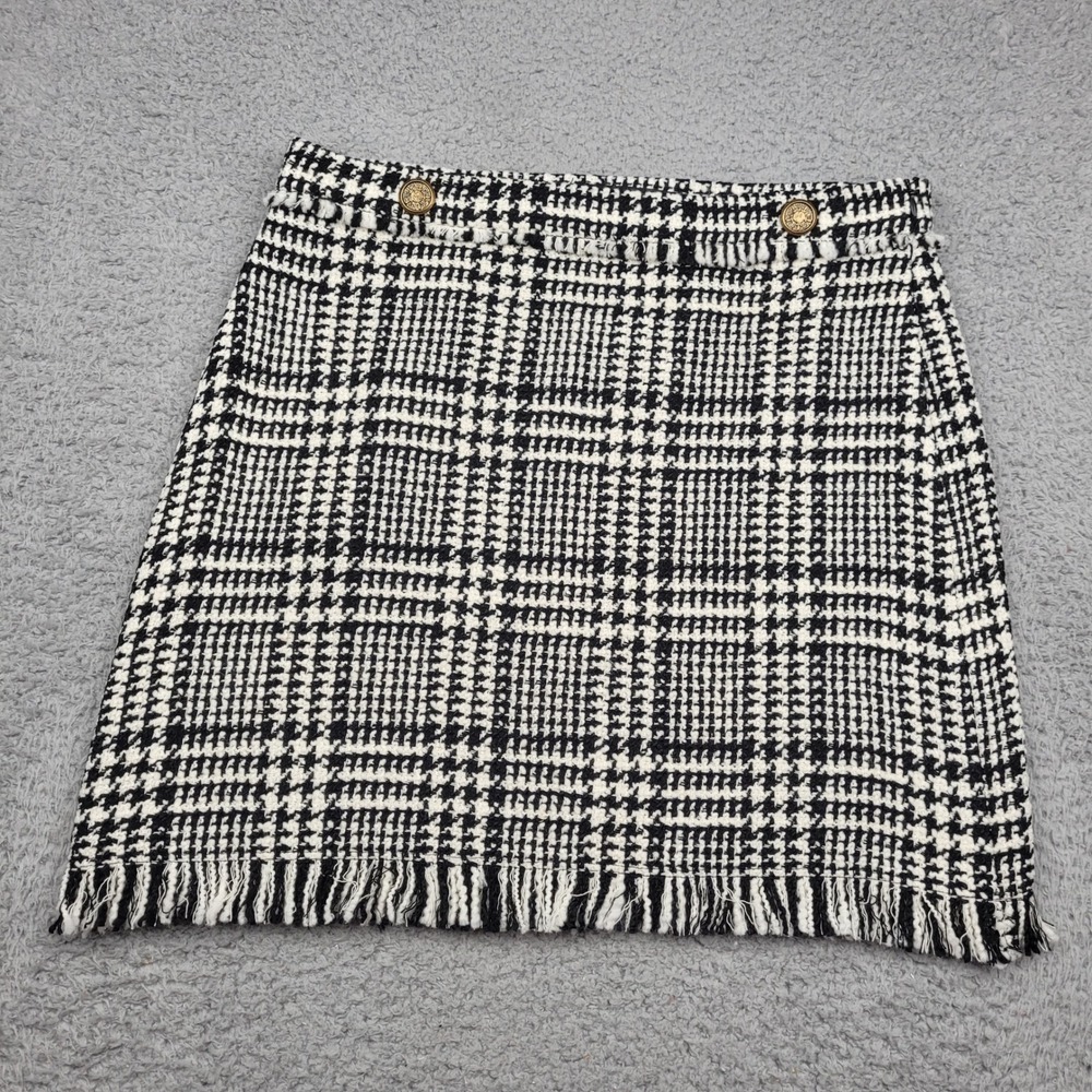 Zara Woman Black White Plaid Tweed Mini‎ Skirt Fringe Hem Gold Buttons L